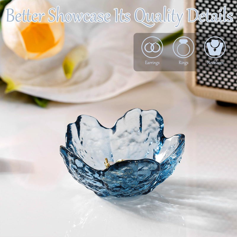 Binoster Blue Flower Glass Ring Dish Jewelry Tray Ring Holder Dish Cute Room Decor Vanity Organizer for Nightstand or Bathroom Aesthetic Trinket Dish Gift for Wife Mom Daughter - Image 2