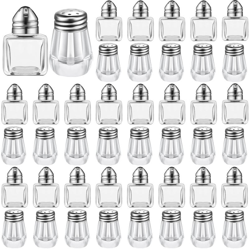 Zopeal 50 Set Mini Salt and Pepper Shakers Small Bulk Clear Individual Seasonings Tiny Spice Shakers for Kitchen Wedding Picnic 2 StylesSilver Lids