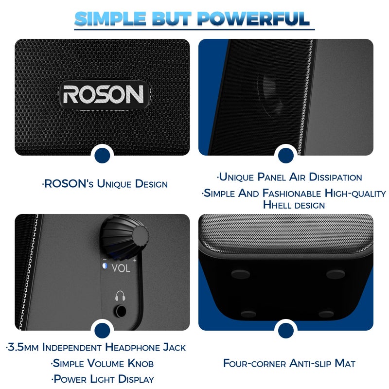ROSON Computer Speaker, Compact Size Speaker with Headphone Jack, Enhanced Bass and Volume Control, Stereo 2.0 USB Powered 3.5mm Aux Multimedia Speakers for Laptop/Desktop/Tablets/Phone - Image 4