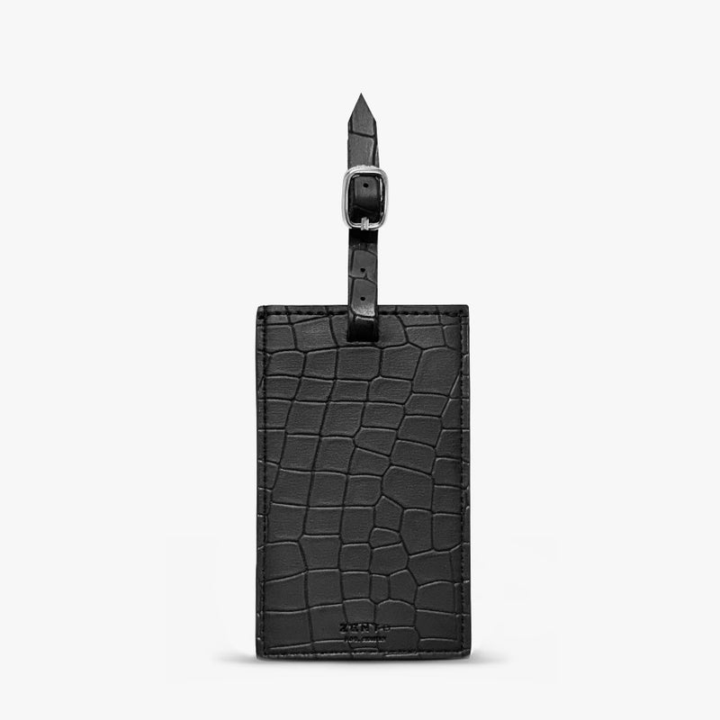 Luxury Croc-Embossed Vegan Leather Luggage Tag, Black, 10.5 x 6.5 cm, with ID Card Window and Silver Hardware - Image 1