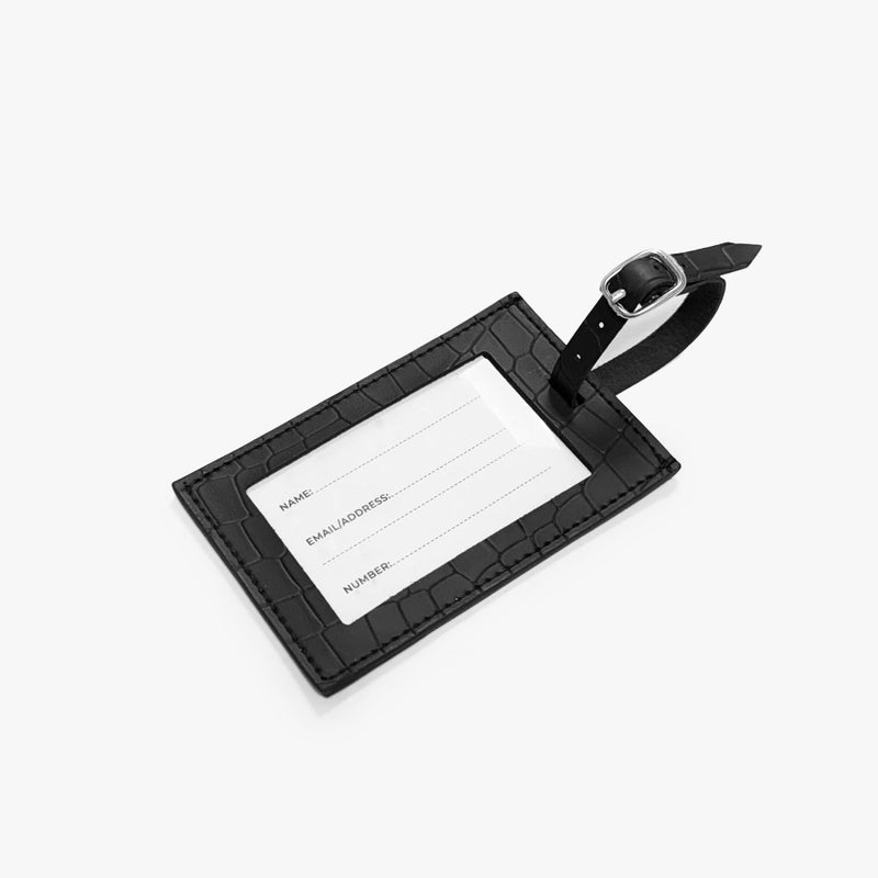Luxury Croc-Embossed Vegan Leather Luggage Tag, Black, 10.5 x 6.5 cm, with ID Card Window and Silver Hardware - Image 2