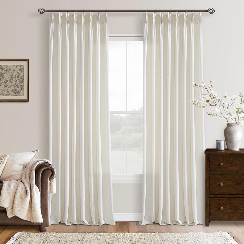 TWODRAPES Linen Curtains 108 Inches long Pinch Pleated for Living Room 2 Panels Set Cream Ivory Natural Pleat Drapes Back Tab Semi Sheer Neutral Boho Ceiling to Floor 108 Inch Curtains for Bedroom Window 9 FT - Image 1