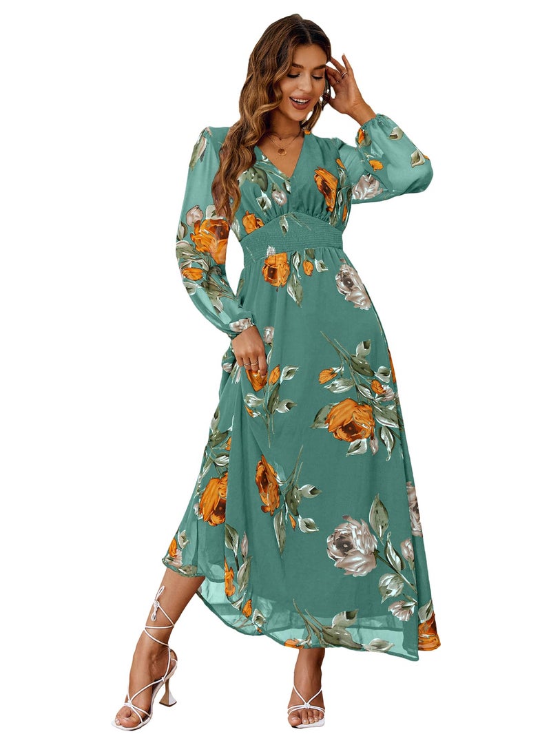 Simplee Apparel Simplee Women Casual Boho Floral Maxi Dress V Neck Long Sleeve Wedding Guest Dress Flowy Holiday Beach Empire Waist Long Dresses (X-Large Lake Green) - Image 1