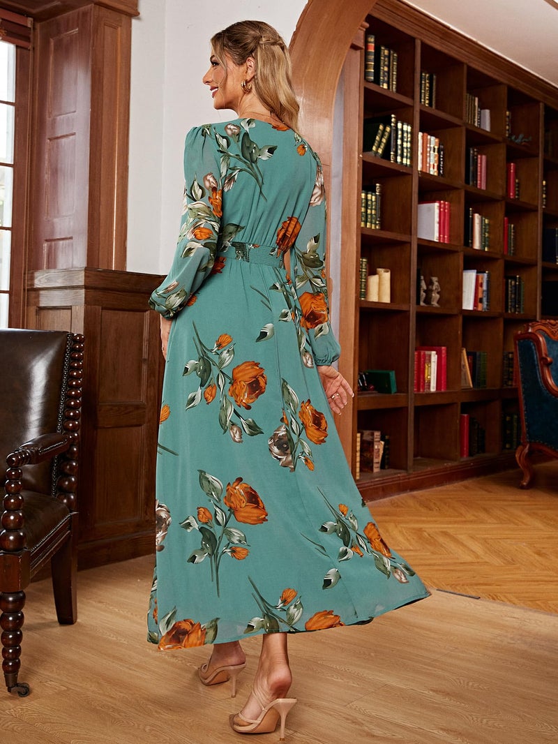 Simplee Apparel Simplee Women Casual Boho Floral Maxi Dress V Neck Long Sleeve Wedding Guest Dress Flowy Holiday Beach Empire Waist Long Dresses (X-Large Lake Green) - Image 4