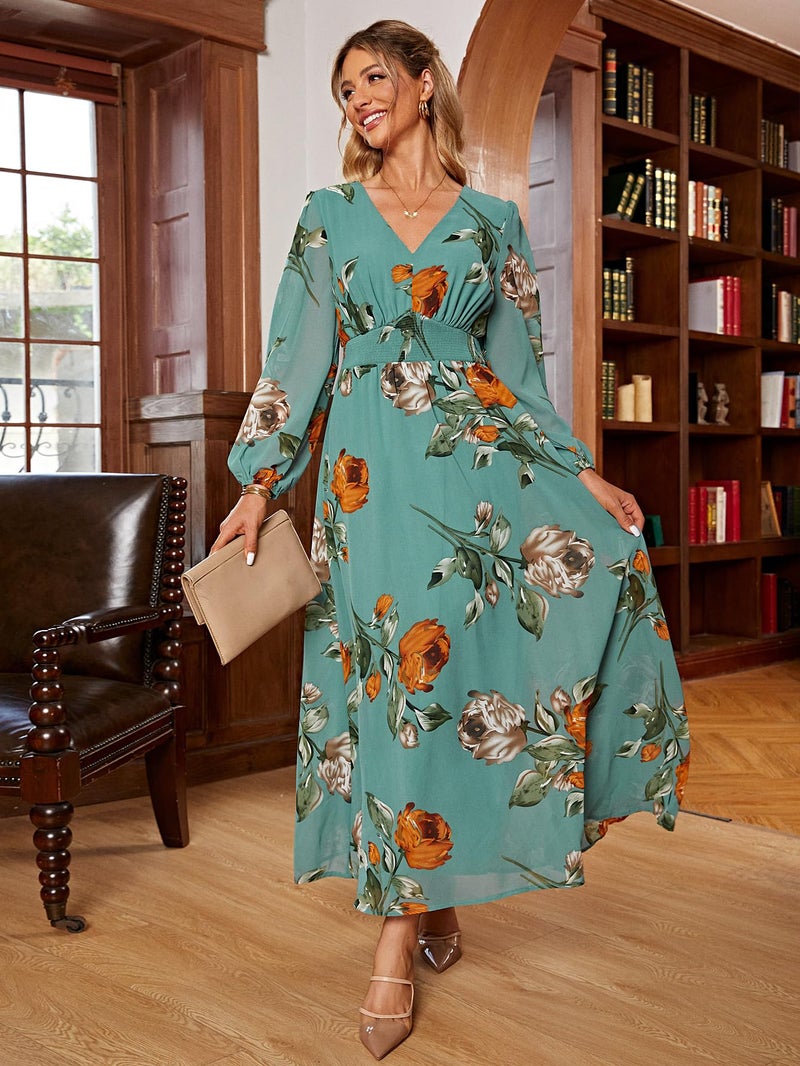 Simplee Apparel Simplee Women Casual Boho Floral Maxi Dress V Neck Long Sleeve Wedding Guest Dress Flowy Holiday Beach Empire Waist Long Dresses (X-Large Lake Green) - Image 3