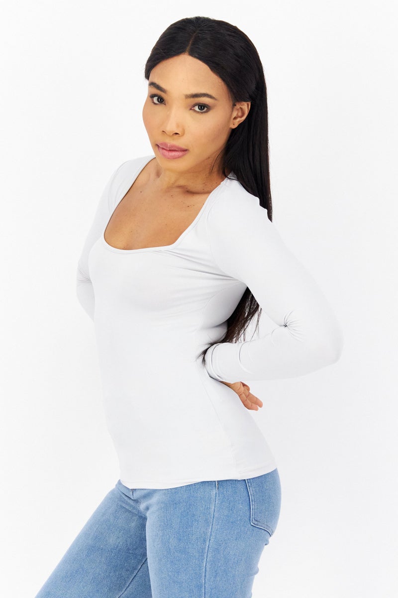 XOXO Women Square Neck Long Sleeves Plain Sweatshirt, Light Grey - Image 2