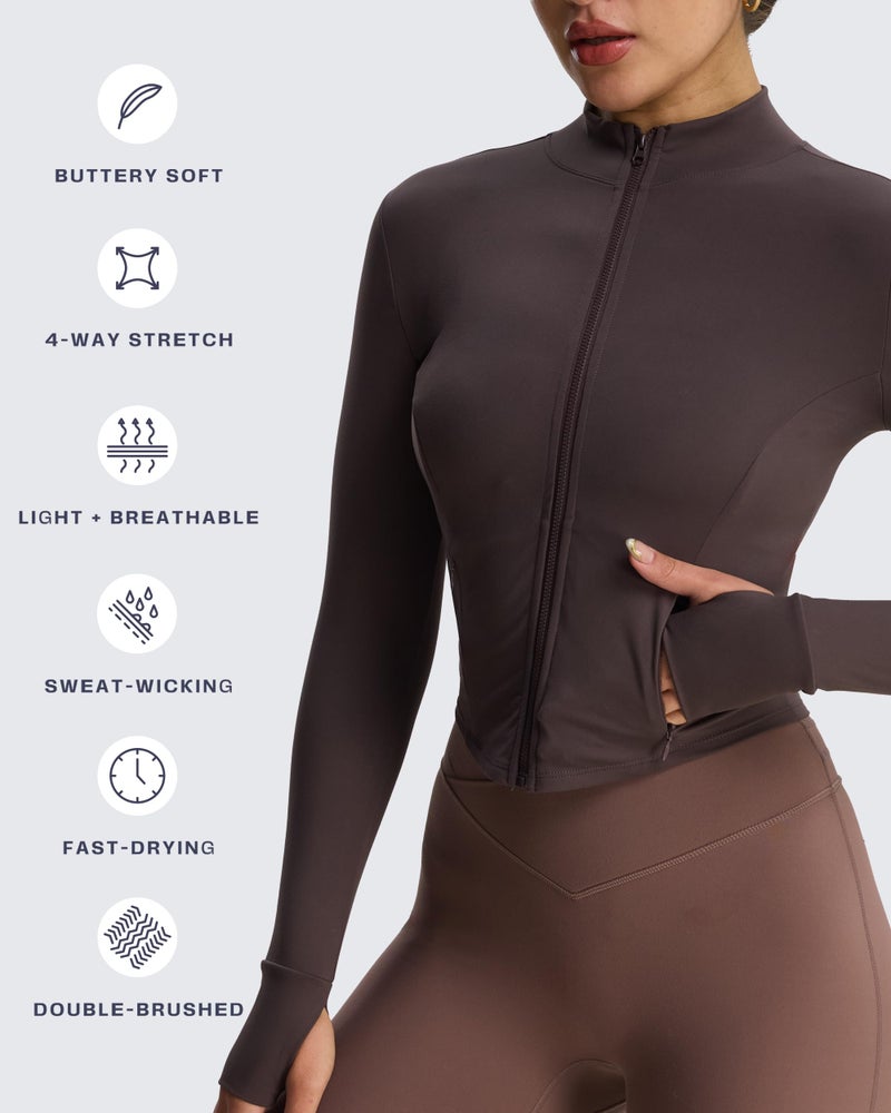 Aoxjox Women's Geo Full Zip Velura Jacket Workout Buttery Soft PlushFlexâ„¢ Long Sleeve Thumbhole with Pocket Cardigan (Mulch, Small) - Image 4