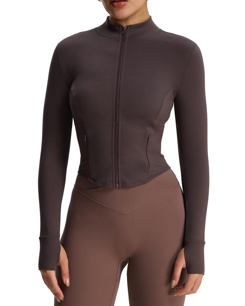Aoxjox Women's Geo Full Zip Velura Jacket Workout Buttery Soft PlushFlexâ„¢ Long Sleeve Thumbhole with Pocket Cardigan (Mulch, Small) - Image 1