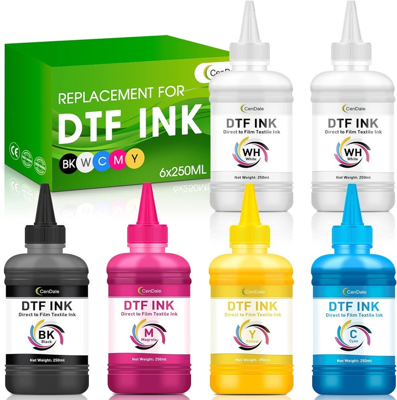CenDale Premium DTF Ink 1500ML - DTF Transfer Ink for PET Film, Refill DTF Ink for Epson ET-8550, L1800, L800, R2400, P400, P800, XP15000, Heat Transfer Printing Direct to Film (250ml x 6, CMYK Wh) - Image 1
