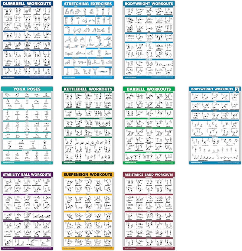 Palace Learning QUICKFIT 10 Pack - Exercise Workout Poster Set - Bodyweight Volume 1 & 2, Dumbbell, Suspension, Kettlebell, Resistance Bands, Stretching, Barbell, Yoga Poses, Exercise Ball (Laminated, 18" x 24") - Image 1