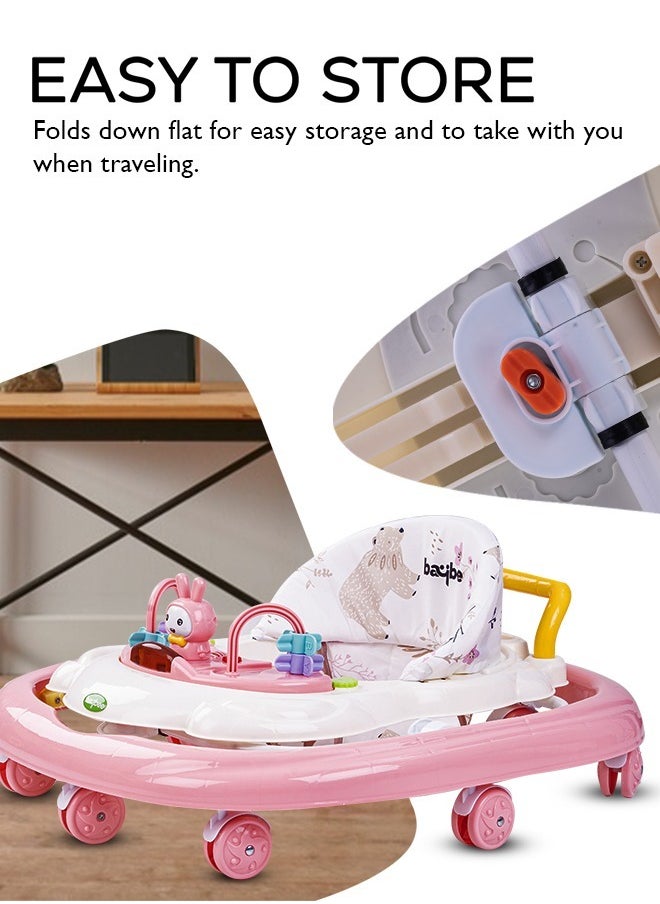BAYBEE - Baybee Zato Baby Walker for Kids, Foldable Kids Walker with 3 Position Adjustable Height & Musical Toy Bar Activity Walker for Toddlers Walker for Baby Boy Girl 6 to 18 Months Pink - Image 1