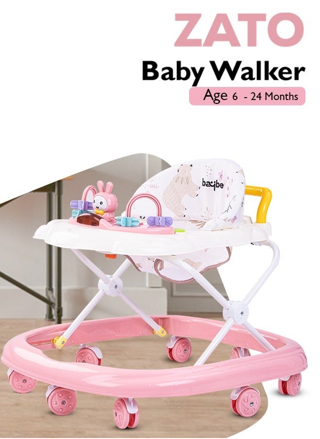 BAYBEE - Baybee Zato Baby Walker for Kids, Foldable Kids Walker with 3 Position Adjustable Height & Musical Toy Bar Activity Walker for Toddlers Walker for Baby Boy Girl 6 to 18 Months Pink - Image 1