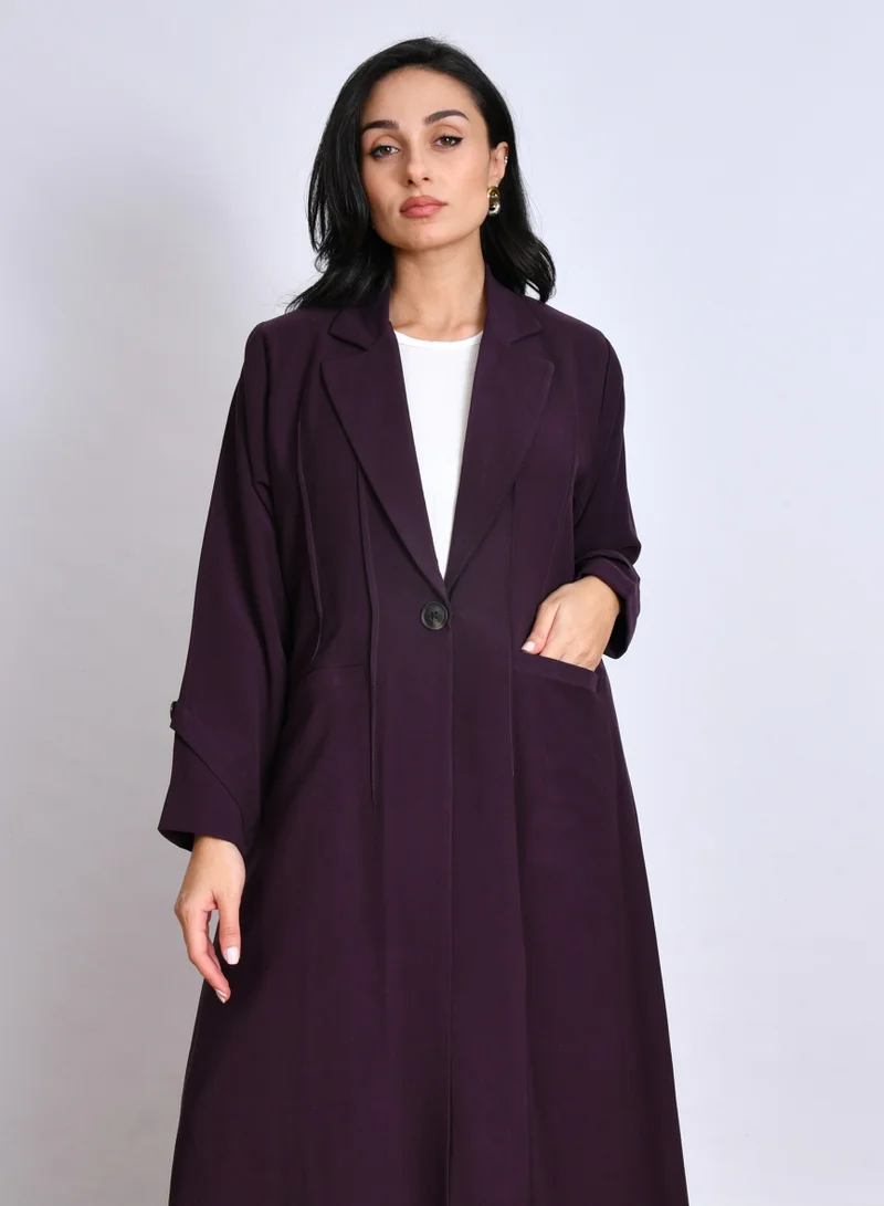 HAWRAA ABAYA Purple Blazer-Cut Abaya with Lining, Front Pockets and Button Closure