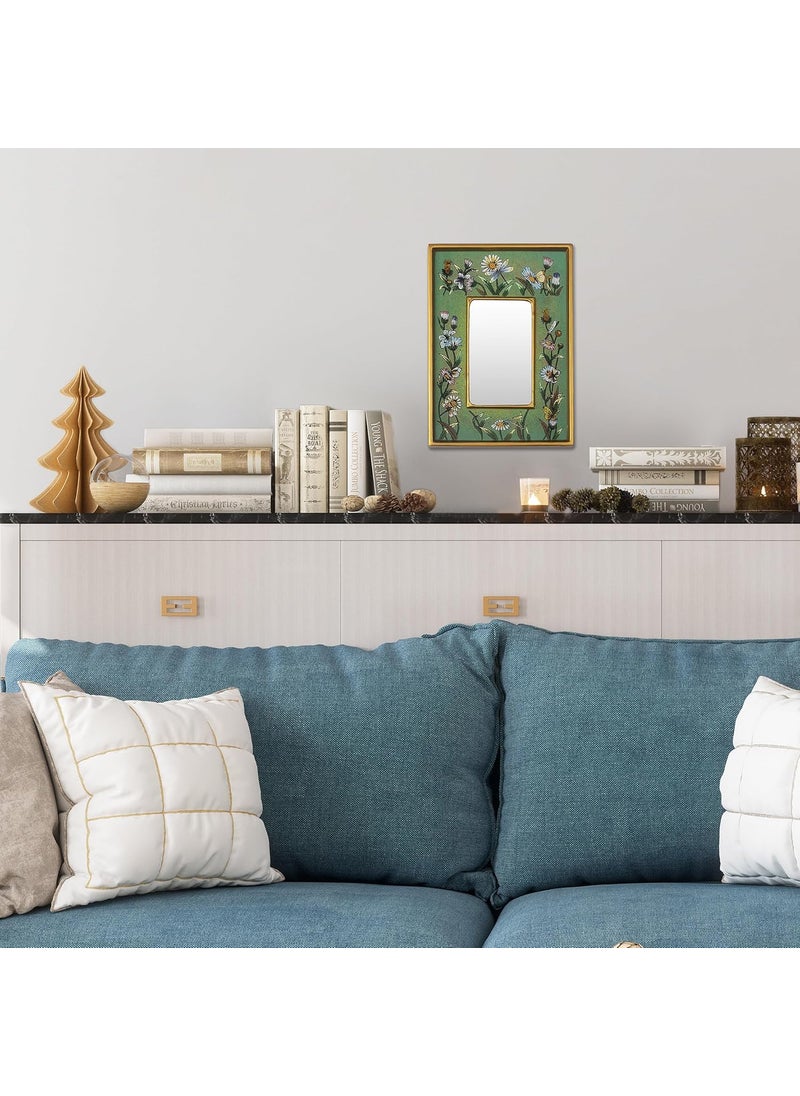 NOVICA NOVICA Handmade Floral Reverse Painted Glass Wood Framed Rectangular Wall Mirror Emerald Fields  - Image 3