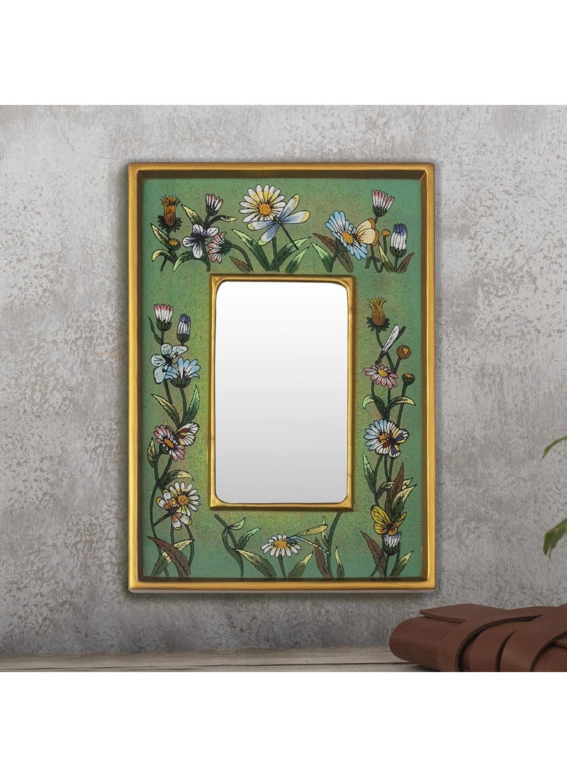 NOVICA NOVICA Handmade Floral Reverse Painted Glass Wood Framed Rectangular Wall Mirror Emerald Fields  - Image 2