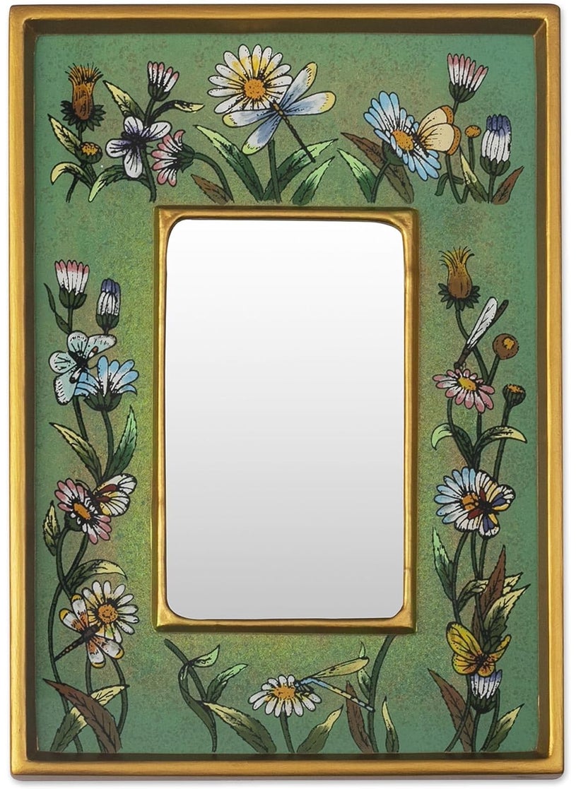 NOVICA NOVICA Handmade Floral Reverse Painted Glass Wood Framed Rectangular Wall Mirror Emerald Fields  - Image 1