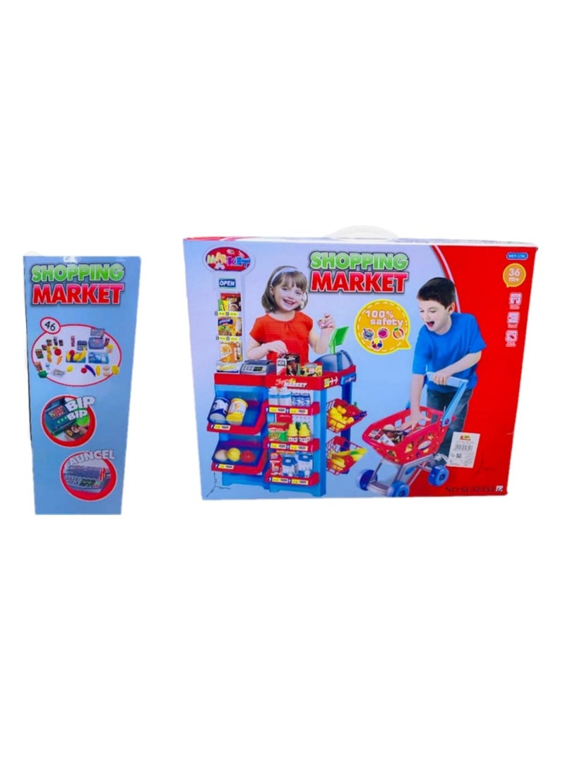 Market Kids Supermarket Playset – 46-Piece Shopping Market Toy with Trolley, Scanner, Food Items & Cash Register 