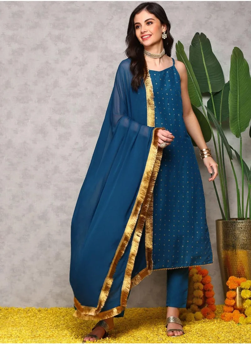 آي شين Regular Fit Three-Quarter Sleeve Printed Teal Blue Georgette Woven Kurta Set For Women Flat Collar Perfect For Wedding And Engagement Pull On Closure