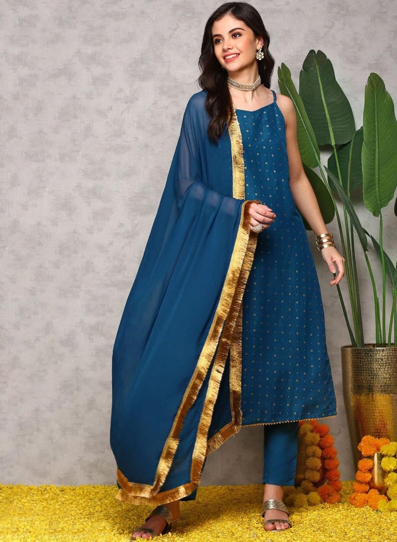 ISHIN Women's Teal Blue Georgette Printed Tunic Full Length Casual Regular Fit Kurta Set - Image 1