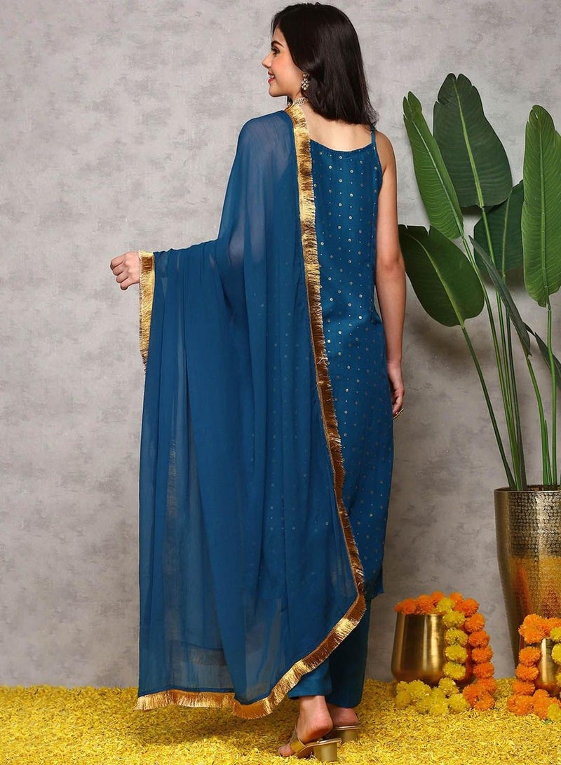 ISHIN Women's Teal Blue Georgette Printed Tunic Full Length Casual Regular Fit Kurta Set - Image 5