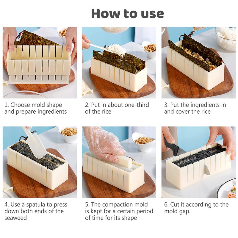 HI NINGER Sushi Making Kit- All In One Sushi Set 10 Piece Plastic Sushi Maker Tool with 8 Different Shapes of Sushi Rice Roll Mold Shapes Fork Spatula DIY home Sushi Tools- Off-white - Image 2