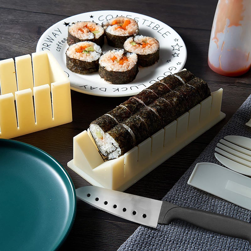 HI NINGER Sushi Making Kit- All In One Sushi Set 10 Piece Plastic Sushi Maker Tool with 8 Different Shapes of Sushi Rice Roll Mold Shapes Fork Spatula DIY home Sushi Tools- Off-white - Image 4