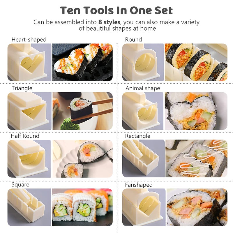 HI NINGER Sushi Making Kit- All In One Sushi Set 10 Piece Plastic Sushi Maker Tool with 8 Different Shapes of Sushi Rice Roll Mold Shapes Fork Spatula DIY home Sushi Tools- Off-white - Image 3
