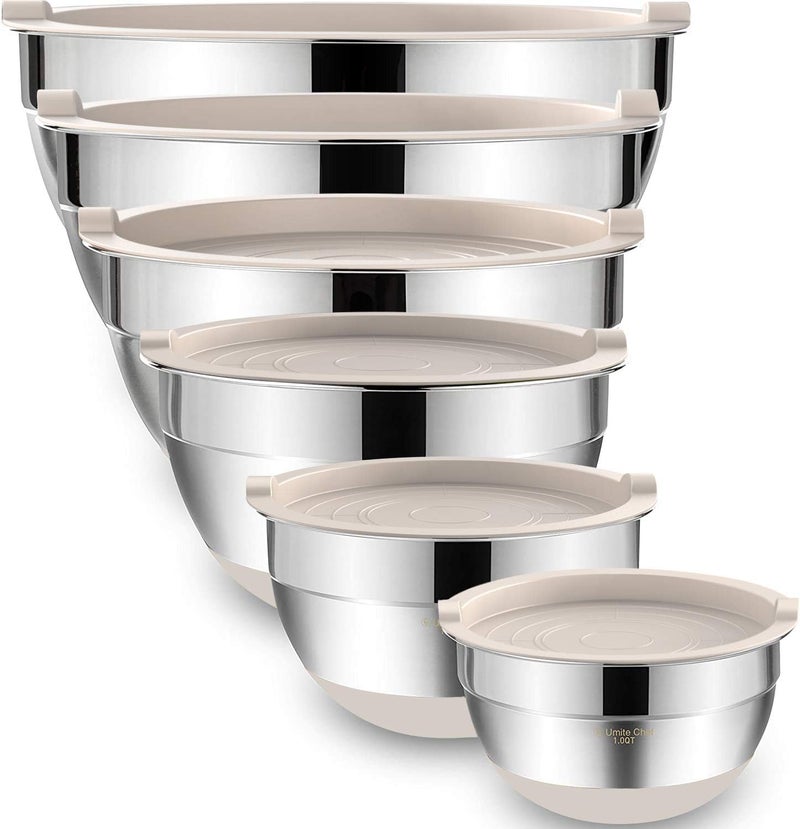Umite Chef Mixing Bowls with Airtight Lids，6 piece Stainless Steel Metal Nesting Storage Bowls by, Non-Slip Bottoms Size 7, 3.5, 2.5, 2.0,1.5, 1QT, Great for Mixing & Serving (Khaki） - Image 1