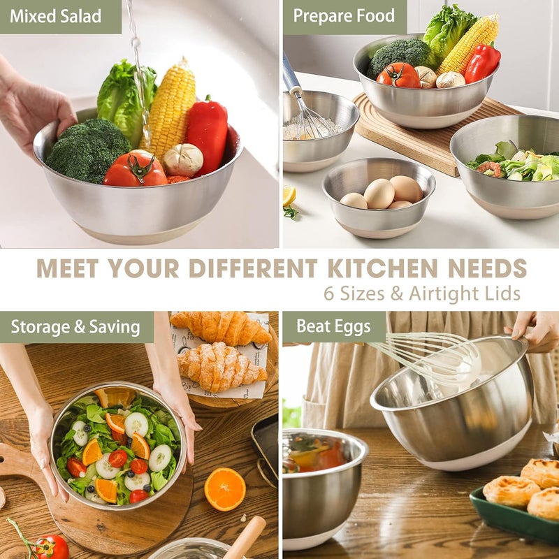Umite Chef Mixing Bowls with Airtight Lids，6 piece Stainless Steel Metal Nesting Storage Bowls by, Non-Slip Bottoms Size 7, 3.5, 2.5, 2.0,1.5, 1QT, Great for Mixing & Serving (Khaki） - Image 3