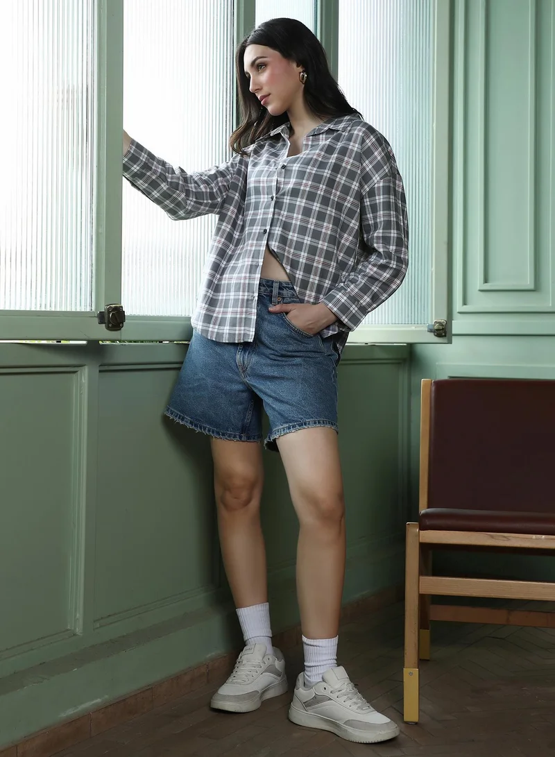 PINACOLADA Women's Pin-Plaid Oversized Shirt | Spread Collar , Long Button-Cuff Sleeves, Button Closure | Checks Twill Woven Shirt For Casual & Daily Wear | Steel Grey