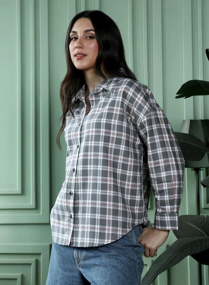 PINACOLADA Women's Pin-Plaid Oversized Shirt | Spread Collar , Long Button-Cuff Sleeves, Button Closure | Checks Twill Woven Shirt For Casual & Daily Wear | Steel Grey
