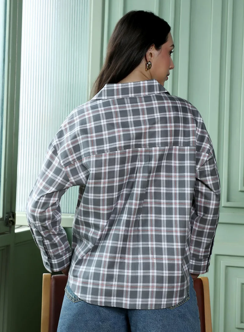 PINACOLADA Women's Pin-Plaid Oversized Shirt | Spread Collar , Long Button-Cuff Sleeves, Button Closure | Checks Twill Woven Shirt For Casual & Daily Wear | Steel Grey