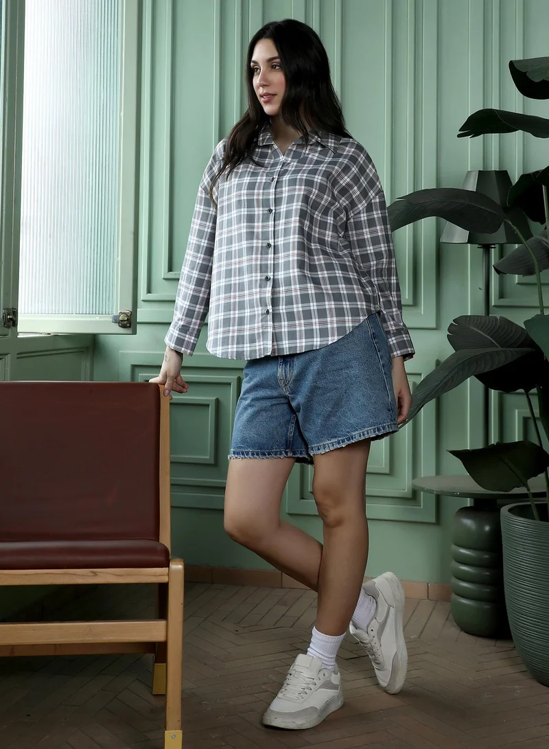 PINACOLADA Women's Pin-Plaid Oversized Shirt | Spread Collar , Long Button-Cuff Sleeves, Button Closure | Checks Twill Woven Shirt For Casual & Daily Wear | Steel Grey