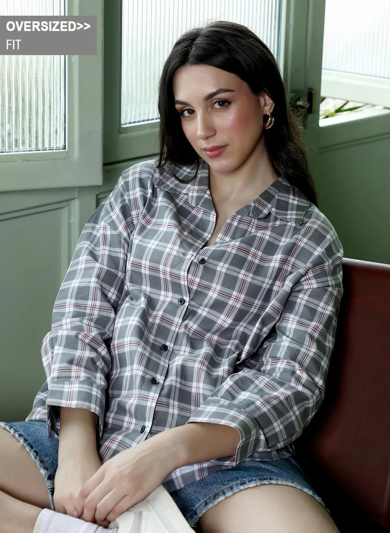 Women's Pin-Plaid Oversized Shirt | Spread Collar , Long Button-Cuff Sleeves, Button Closure | Checks Twill Woven Shirt For Casual & Daily Wear | Steel Grey
