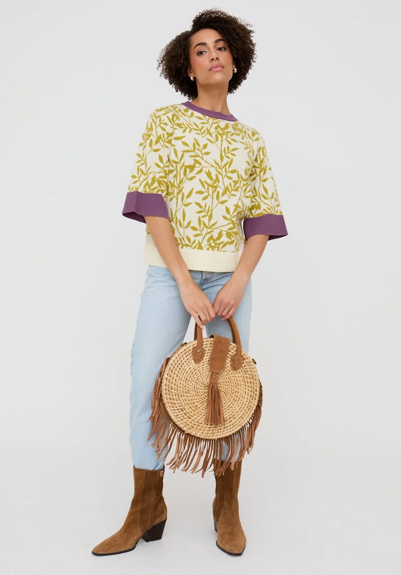 Raffya Daffodil Slouchy Leaf Print Knitted T-shirt In Multi