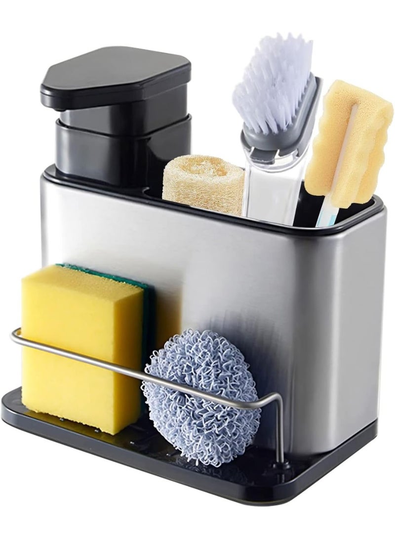 منظم حوض مع موزع منظف، إسفنجة 3 في 1 مع حاوية توزيع سائل الغسيل من الستانلس ستيل مع صينية تنقيط، منظم للمطبخ، موزع صابون مع حامل إسفنجة - Image 1