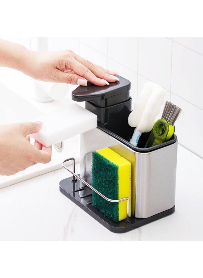 منظم حوض مع موزع منظف، إسفنجة 3 في 1 مع حاوية توزيع سائل الغسيل من الستانلس ستيل مع صينية تنقيط، منظم للمطبخ، موزع صابون مع حامل إسفنجة - Image 2