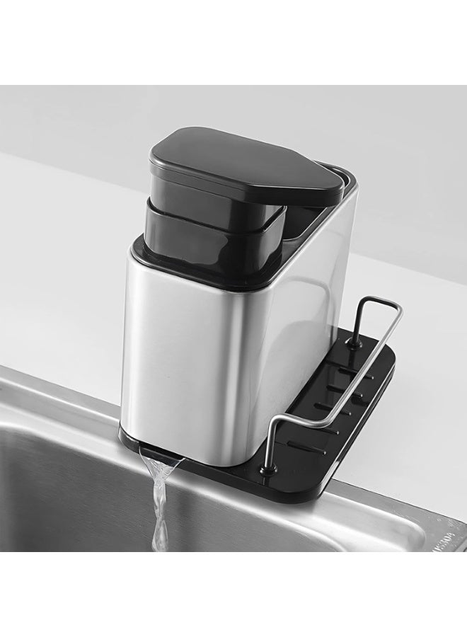 منظم حوض مع موزع منظف، إسفنجة 3 في 1 مع حاوية توزيع سائل الغسيل من الستانلس ستيل مع صينية تنقيط، منظم للمطبخ، موزع صابون مع حامل إسفنجة - Image 3