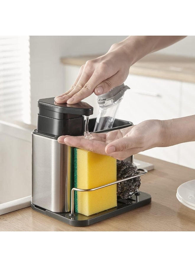 منظم حوض مع موزع منظف، إسفنجة 3 في 1 مع حاوية توزيع سائل الغسيل من الستانلس ستيل مع صينية تنقيط، منظم للمطبخ، موزع صابون مع حامل إسفنجة - Image 5