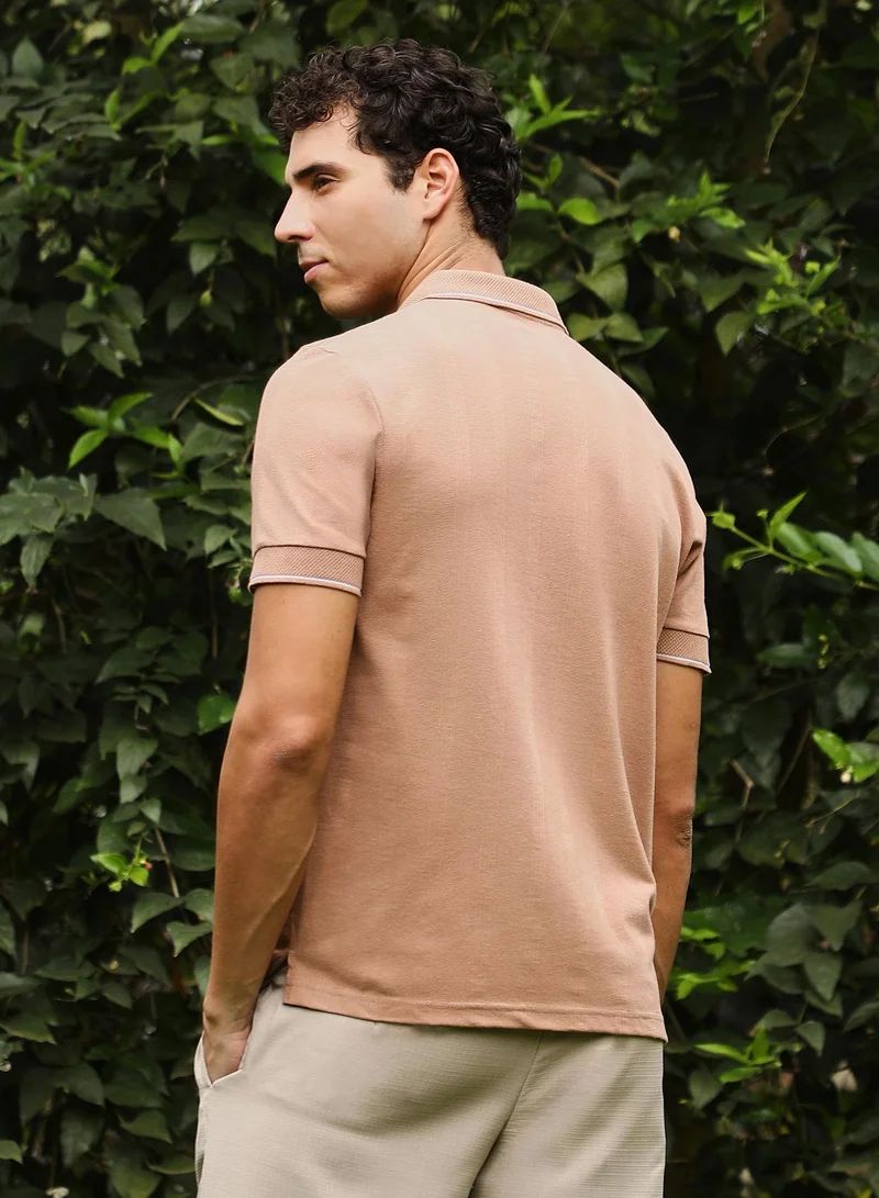 CAHOOT  Men's Buff Beige Lined-Knit Polo T-Shirt for Men | Best Price UAE