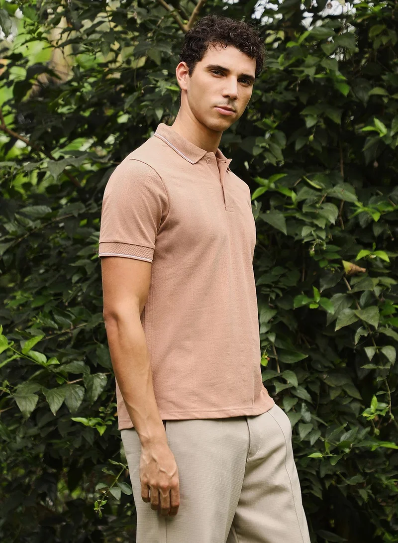 CAHOOT  Men's Buff Beige Lined-Knit Polo T-Shirt for Men | Best Price UAE