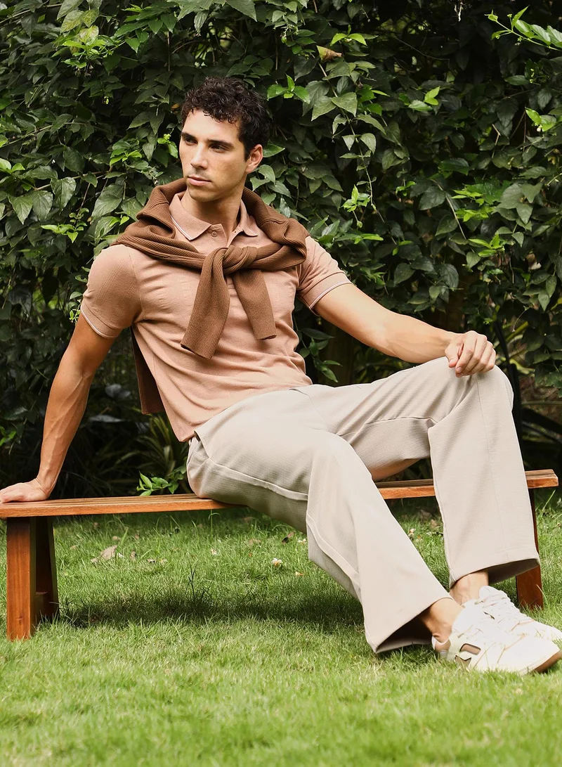 CAHOOT  Men's Buff Beige Lined-Knit Polo T-Shirt for Men | Best Price UAE