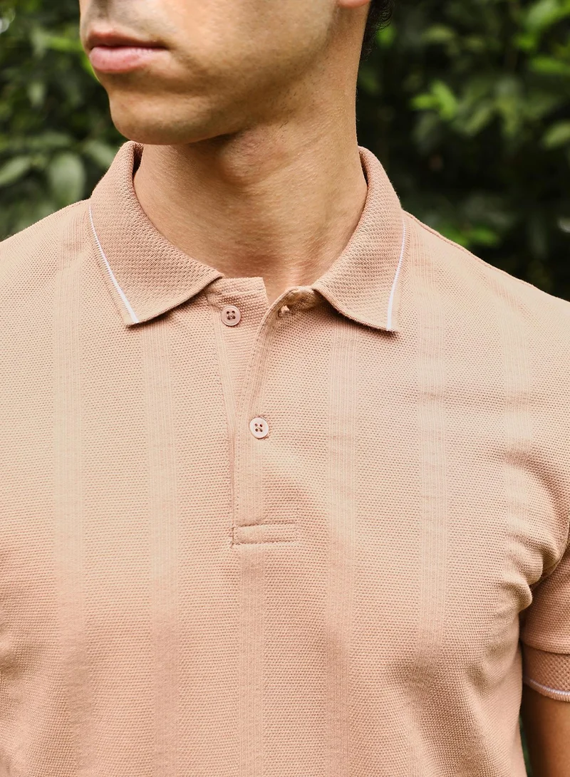 CAHOOT  Men's Buff Beige Lined-Knit Polo T-Shirt for Men | Best Price UAE