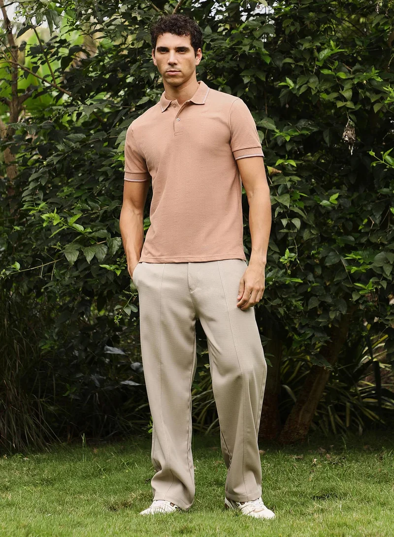 CAHOOT  Men's Buff Beige Lined-Knit Polo T-Shirt for Men | Best Price UAE