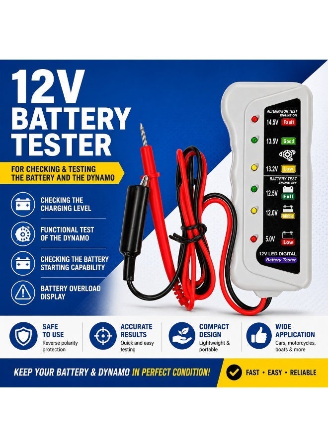 HB CNBJ 801 12V LED Digital Battery Tester for Car Battery Voltage Testing, Alternator Charging System Checker, Battery Condition Analyzer with Color Coded LED Indicator, Portable Automotive Diagnostic Tool for Quick Battery Health Check - Image 2