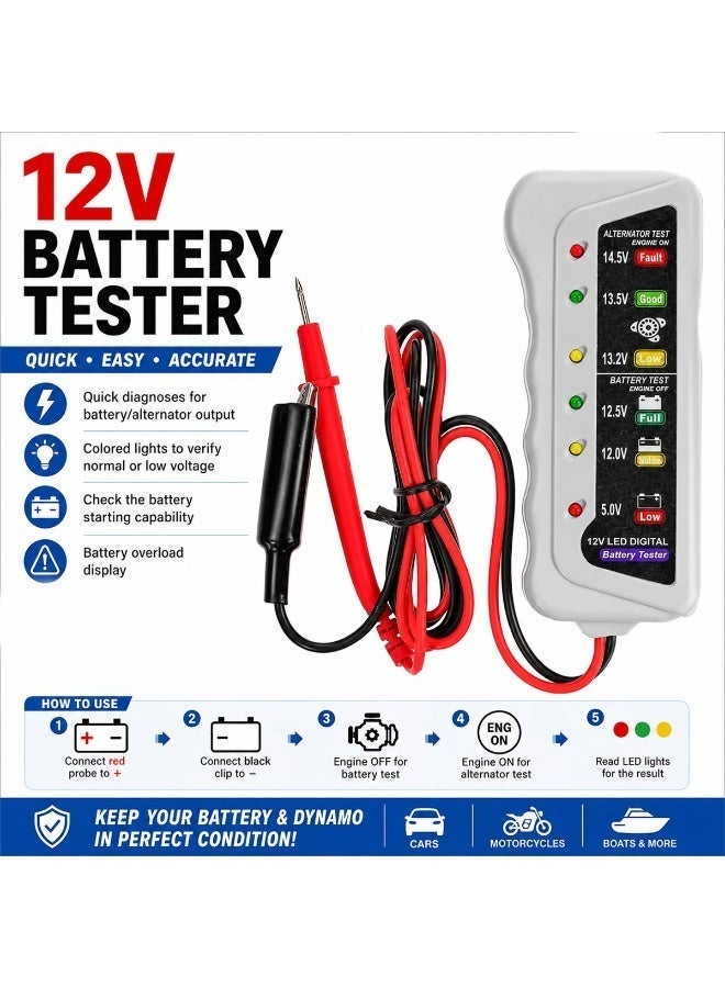 HB CNBJ 801 12V LED Digital Battery Tester for Car Battery Voltage Testing, Alternator Charging System Checker, Battery Condition Analyzer with Color Coded LED Indicator, Portable Automotive Diagnostic Tool for Quick Battery Health Check - Image 3