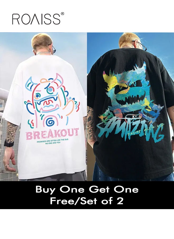 roaiss 2Pcs Man's T-shirt Loose Version Trendy All-Match Pattern Printing Short Sleeves  - Image 1