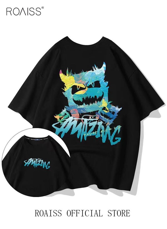 roaiss 2Pcs Man's T-shirt Loose Version Trendy All-Match Pattern Printing Short Sleeves  - Image 5
