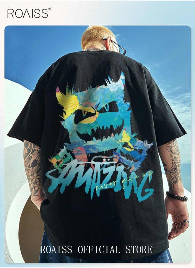 roaiss 2Pcs Man's T-shirt Loose Version Trendy All-Match Pattern Printing Short Sleeves  - Image 3