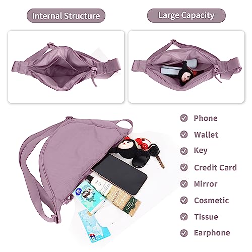 EVGLOW Nylon Crescent Crossbody Bag for Women Purses Trendy Men,Small Travel Sling Bag Hobo,Lightweight Fanny Pack with Zipper Adjustable Strap,Round Soft Shoulder Pouch Bag for Everyday Use Sport(Purple) - Image 4